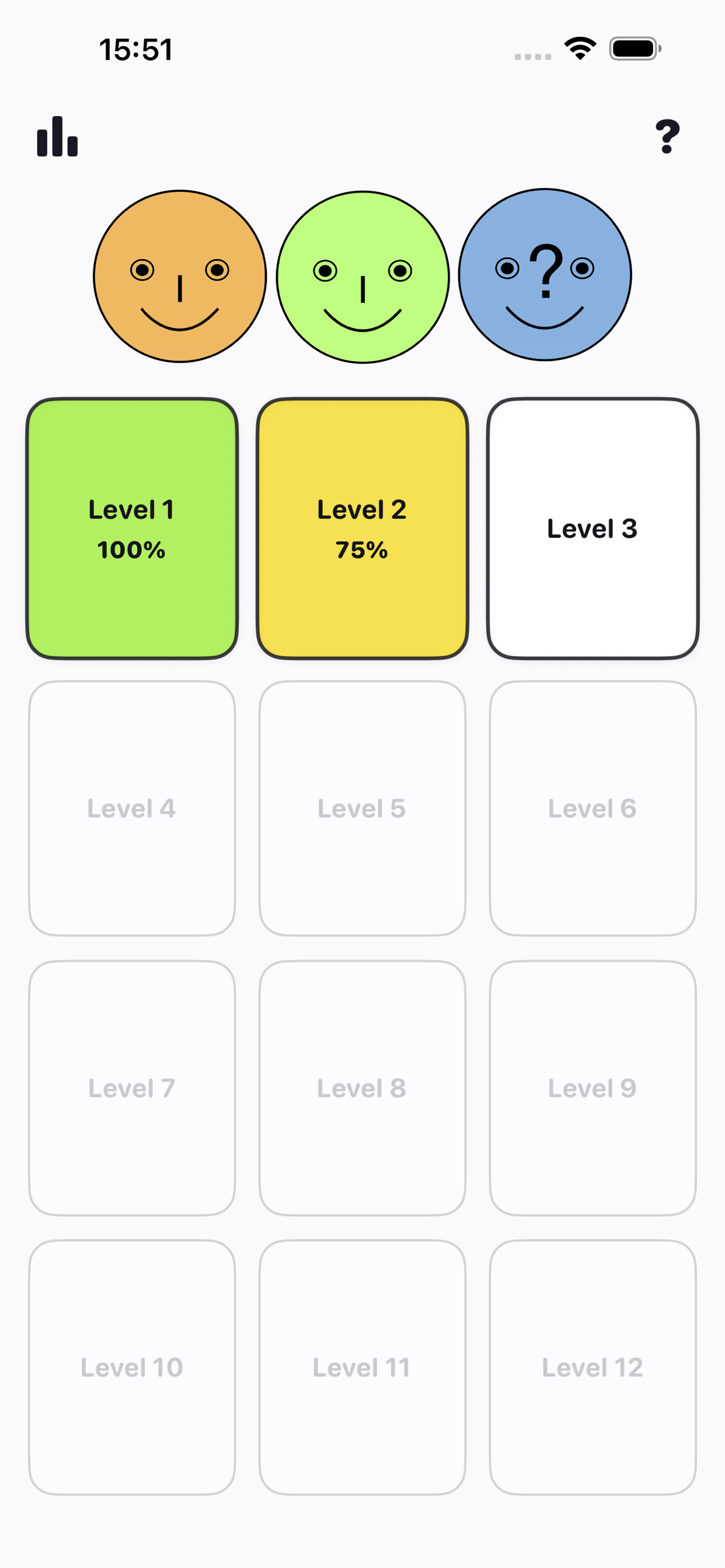 Main level selection grid (Levels 1–12)